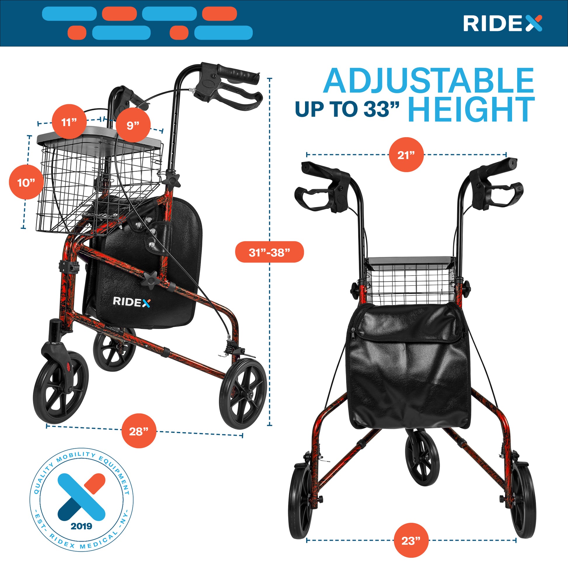 Ridex Folding 3 Wheel Rollator Walker Red Dimensions
