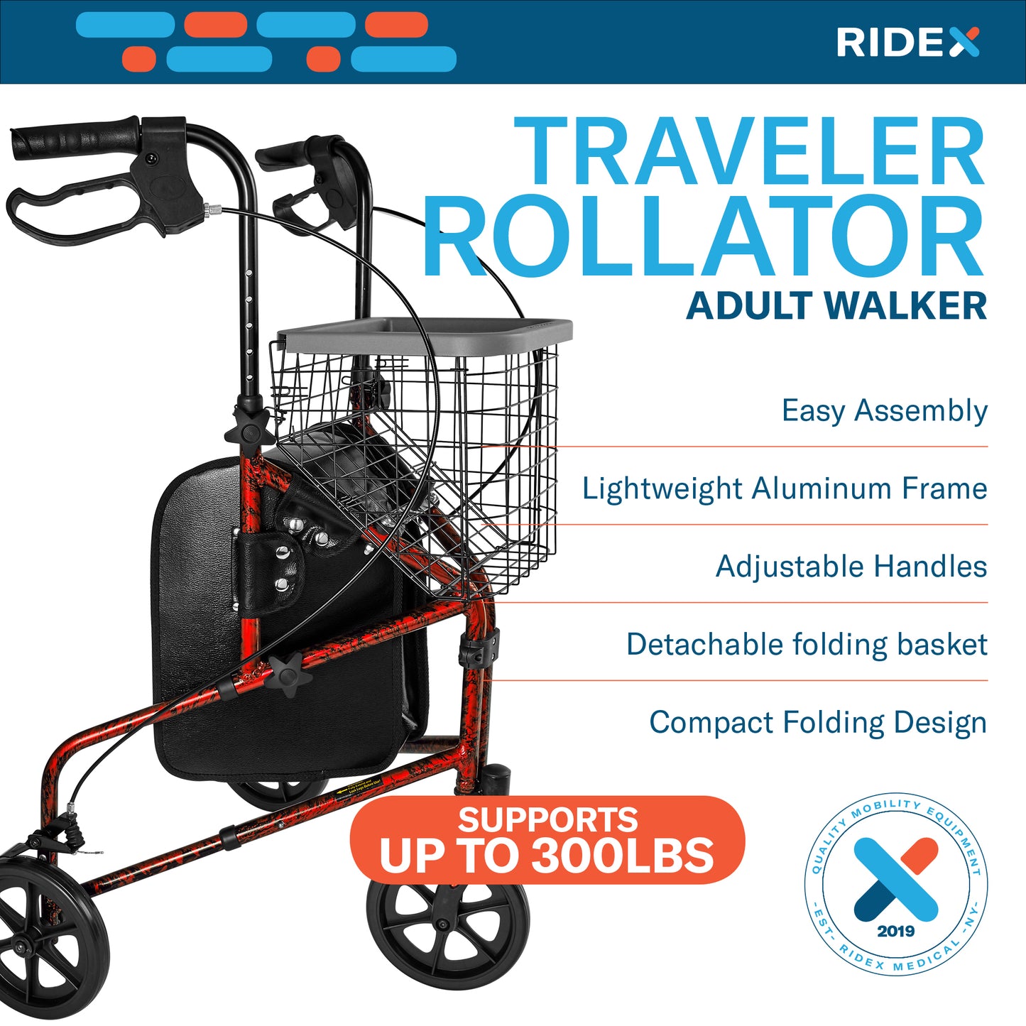 Ridex Folding 3 Wheel Rollator Walker Red Features
